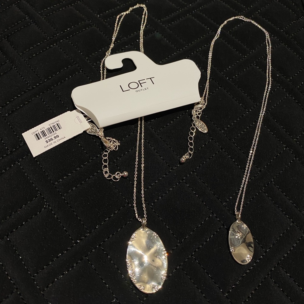 LOFT Set of 2 Hammered Silver Pendant with Crystals Necklaces - NWT